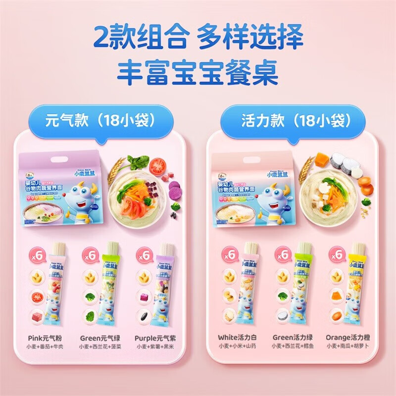 小鹿蓝蓝婴幼儿谷物肉蔬营养面宝宝辅食面条加钙加锌6个月以上宝宝面450g 元气款*1+活力款*1【36小袋】