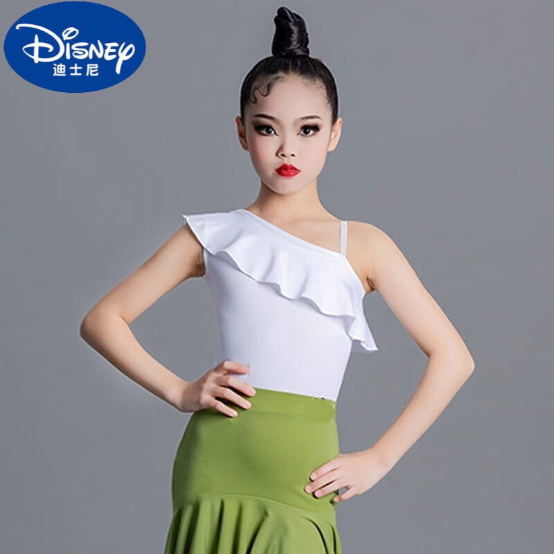 迪士尼品牌拉丁舞服装女童新款夏练功服演出服儿童比赛服分体舞蹈裙 白色上衣 120(建议身高115CM，5-6岁)
