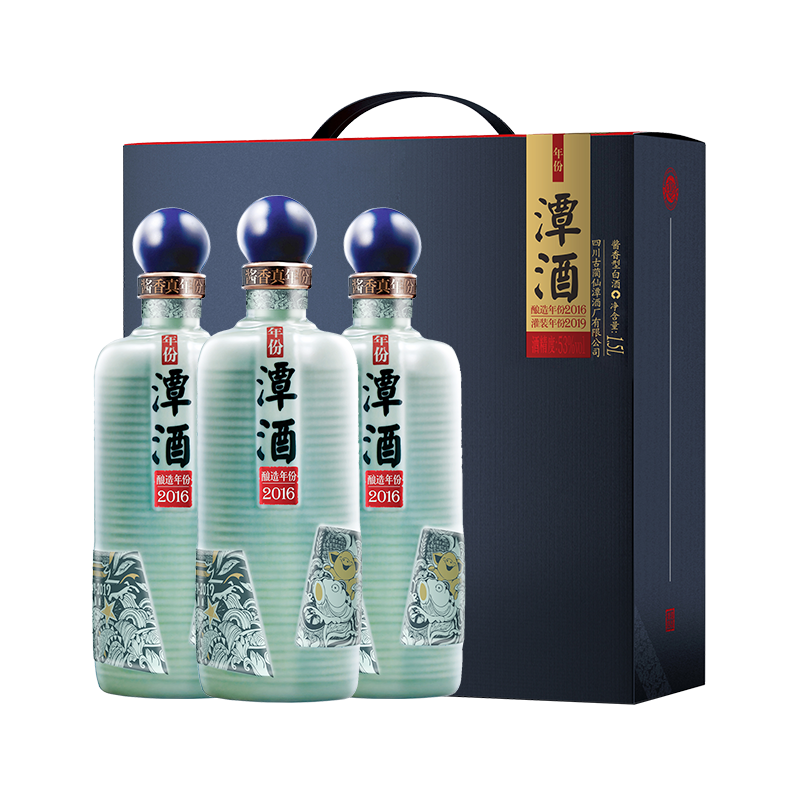 潭酒年份潭酒2016真年份酱香型白酒猪年生肖酒53度大曲坤沙过节送礼 53度 500mL 3瓶 礼盒装