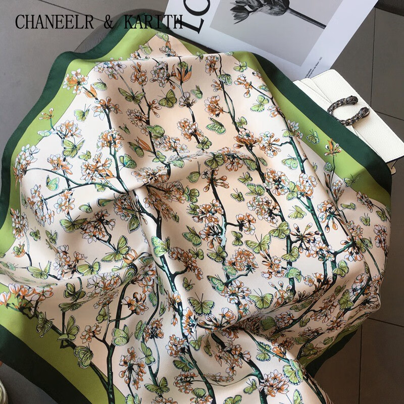 CHANEELR & KARITH真丝巾2026新款桑蚕丝甜美领巾花丛蝴蝶真丝披肩小方巾母亲节礼物 米色(100%蚕桑丝)