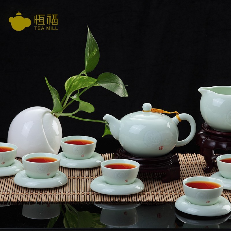 恒福功夫茶具青瓷陶瓷茶具套装家用客厅喝茶礼盒哥窑古意茶组套装