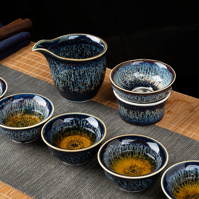 鋆钰景德镇陶瓷茶具套装曜变天目釉礼品盖碗套组茶漏盖置 盖碗十件套 6人饮 10件 色釉