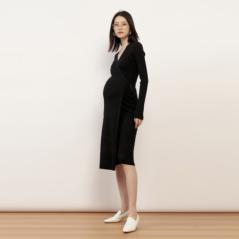 Sellynear孕婦裝秋冬新款連衣裙加厚裹身針織裙親膚高彈孕媽哺乳裙子 經(jīng)典黑 L