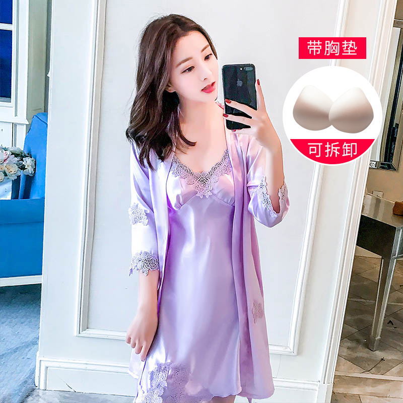 仿真丝性感睡袍睡衣女夏季两件套蕾丝吊带情趣浴袍家居服套装睡裙曼迪