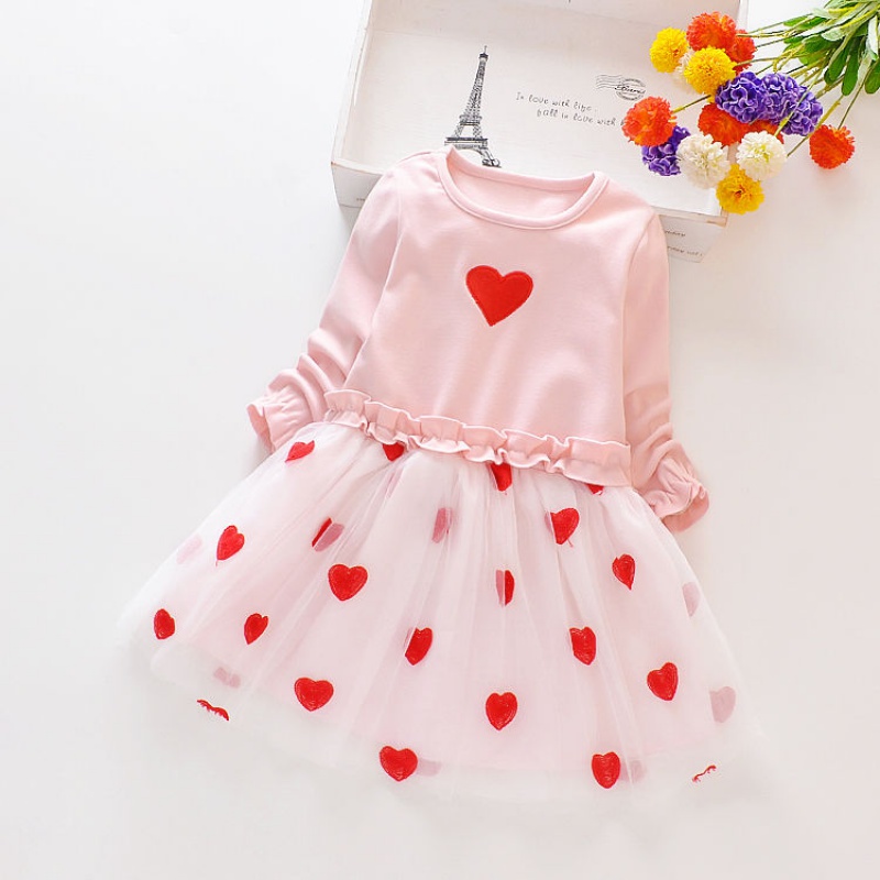 新款儿童长袖童装网纱裙子女孩网红洋气公主裙儿童 绣花爱心裙粉色 m