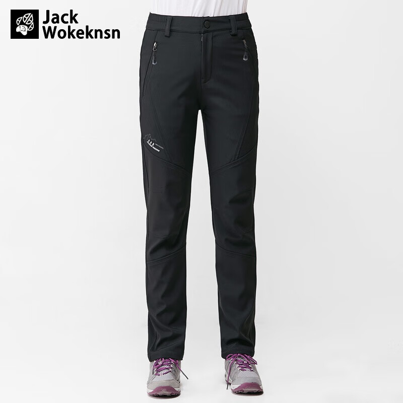 JACK WOKEKNSN狼爪云户外冲锋防风加绒秋冬男保暖女防水加厚软壳登山长裤新款 黑色-男款 2XL