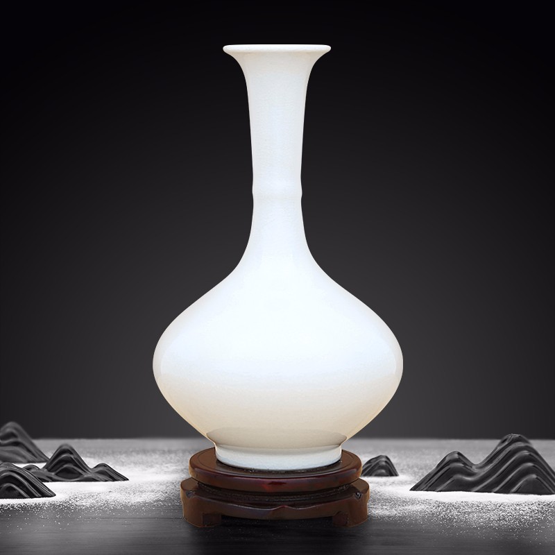 釉花瓶工艺品客厅摆件家居酒柜玄关书 仿古颜色釉冰白竹节扁瓶(配木质