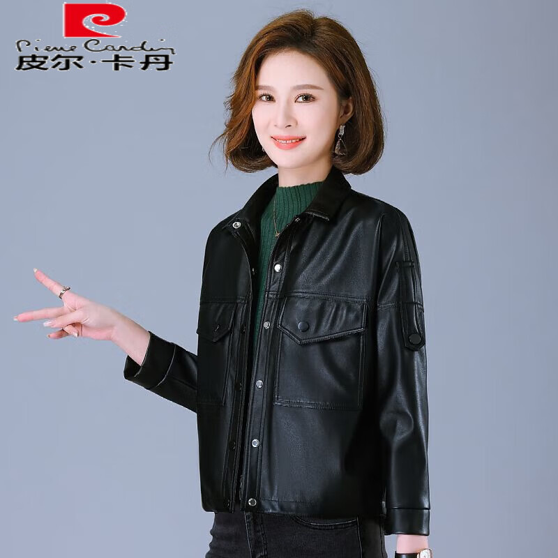 皮尔卡丹真皮皮衣女2023年秋季秋装新款时尚百搭宽松机车洋气短款皮夹克 黑色 M属于什么档次？