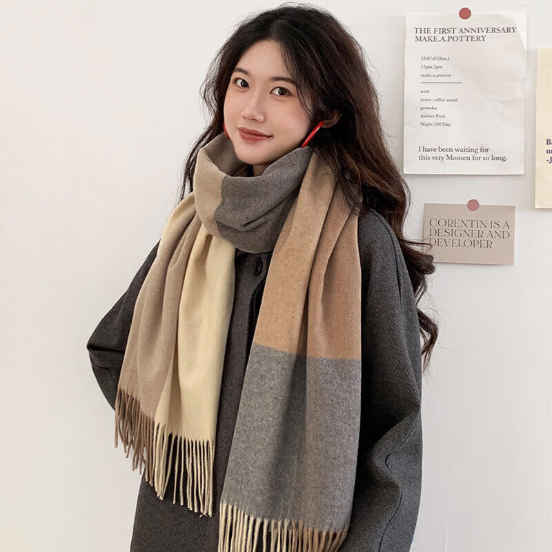 达芬奇密码 秋冬季保暖围巾女欧美风学生围脖情侣格子披肩 6# 浅灰咖色(205*35cm)
