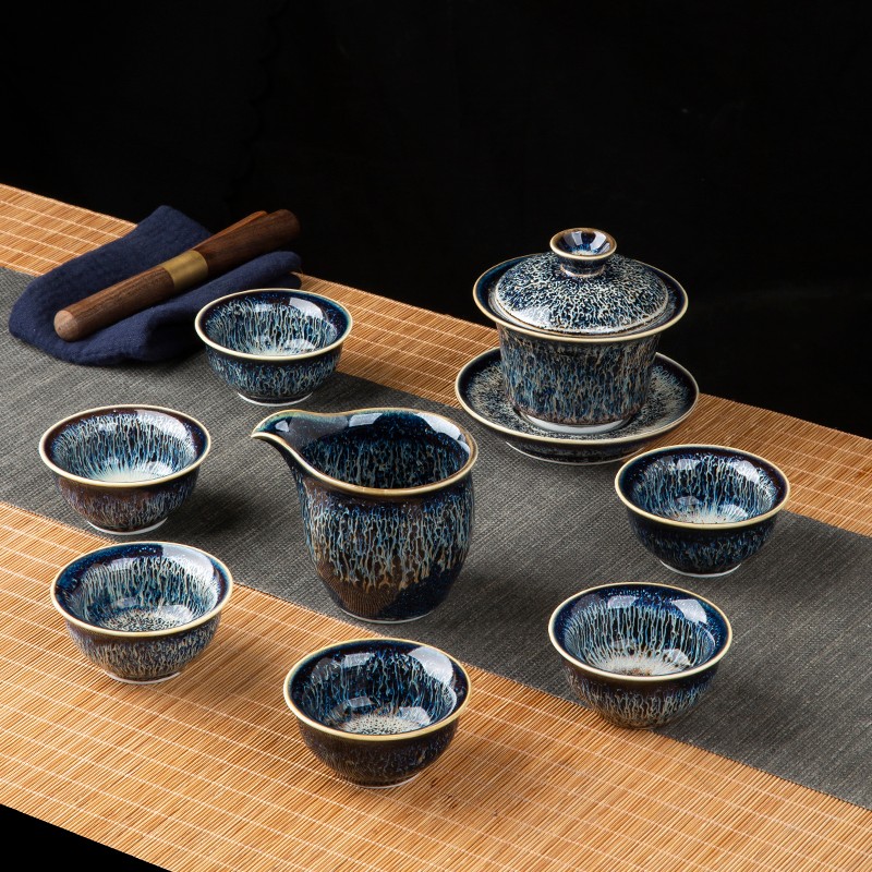 鋆钰景德镇陶瓷茶具套装曜变天目釉礼品盖碗套组茶漏盖置 盖碗十件套 6人饮 10件 色釉