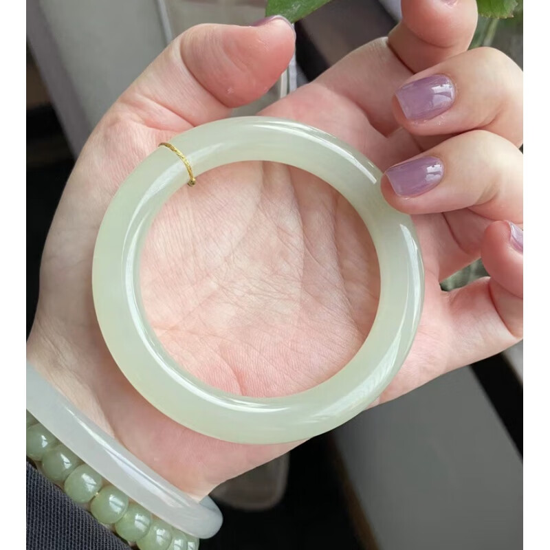 晓梦和田玉青海料冰底晴水湖水绿手镯青白玉圆条少女款镯子附证书