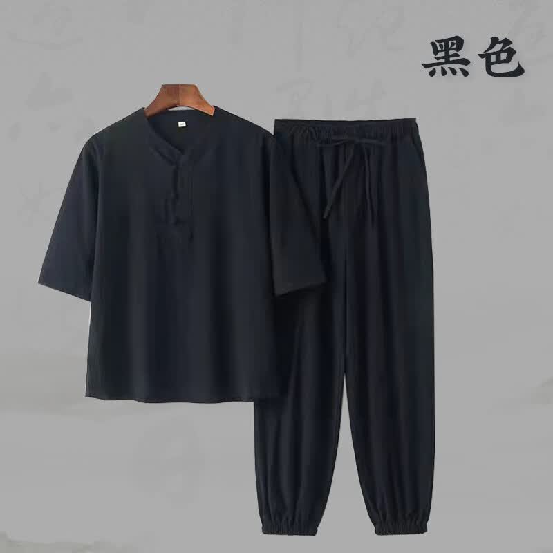 中国风T恤夏季套头衫小脚裤唐装男短袖套装宽松中式复古休闲棉麻 黑色 190/4XL怎么看?