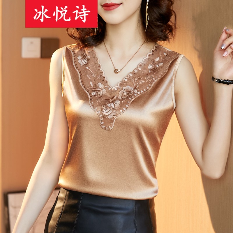 冰悦诗2025春夏吊带背心女设计感小众打底蕾丝内搭法式无袖外穿上衣 香槟色 3XL