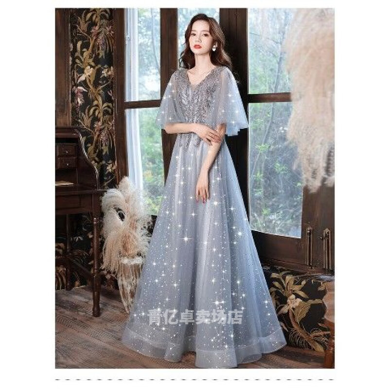 品莠禮服女 18嵗禮服 學生大碼晚禮服女胖mm 200斤宴會年會遮肚修身顯 銀灰色長款 xxl(138斤-148斤)