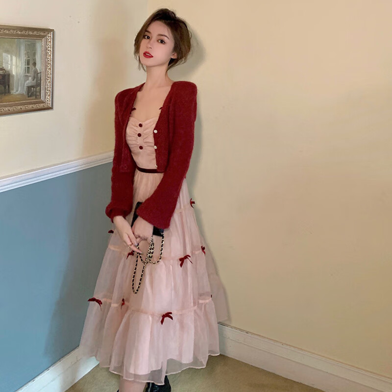 语伊秋季套装女新款韩系温柔风针织毛衣女开衫套装女 开衫 吊带裙