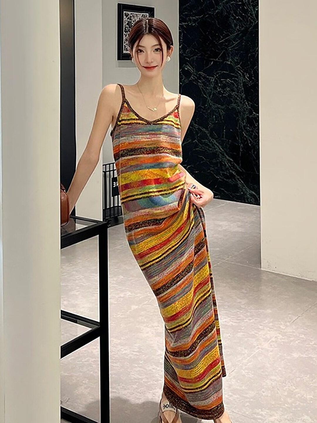 京功超长款针织连衣裙法式绝美无袖针织连衣裙女夏季设计感彩色条纹 条纹 M 95-110斤