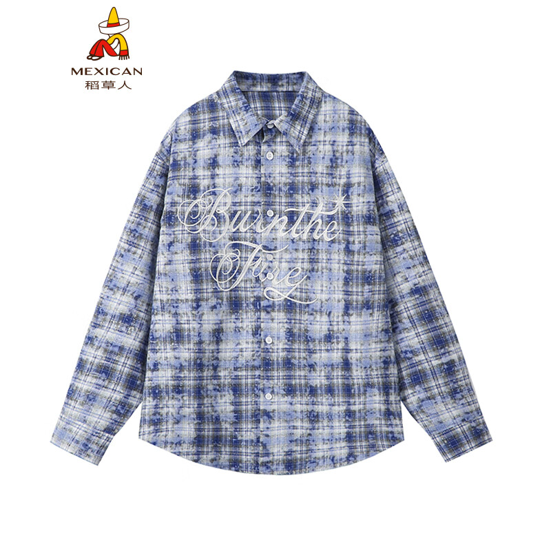 稻草人美式復(fù)古字母扎染格子襯衫男女秋季大碼休閑襯衣情侶外套 藍(lán)色 HS2302 M