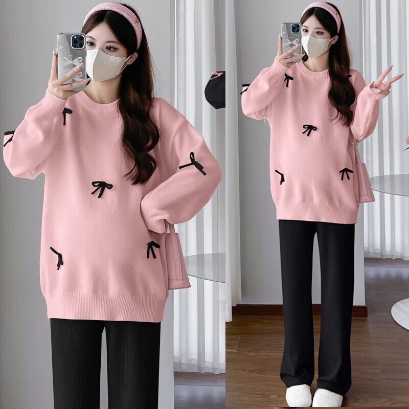 衣百壹（yIBAIyI）孕婦裝秋冬毛衣新款蝴蝶結(jié)加厚寬松套頭針織衫+孕婦褲冬季兩件套 粉色毛衣+黑色加絨褲 L