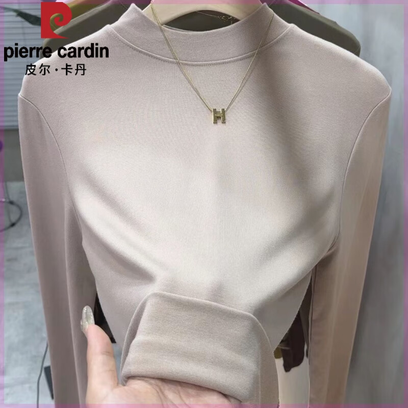 皮尔卡丹纯棉螺纹长袖t恤半高领打底衫女秋冬内搭洋气修身显瘦百搭上衣服 卡其 XL 建议110-125斤