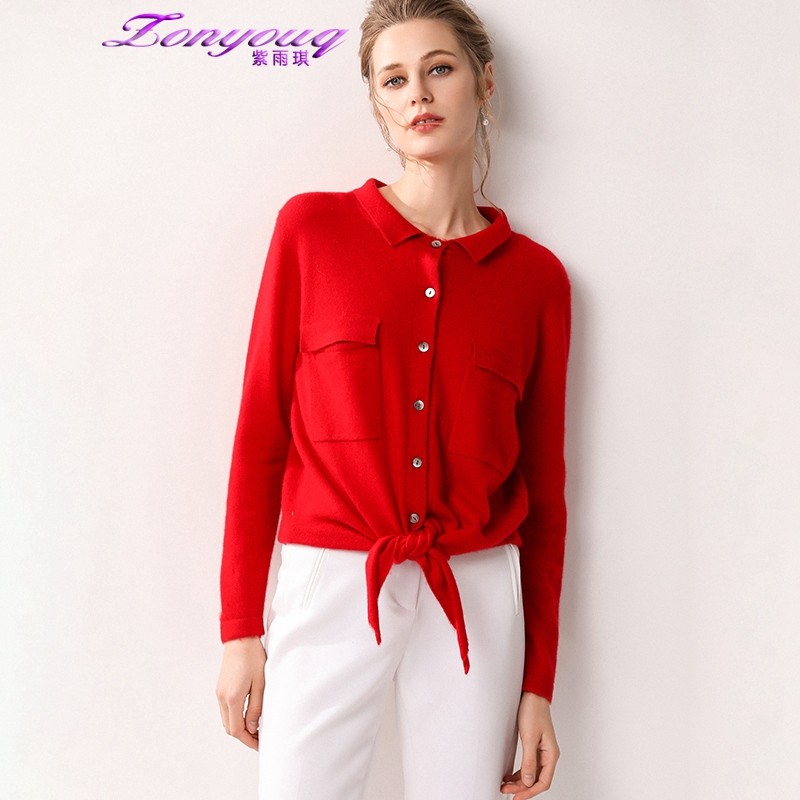 ZONYOUQ品牌小众羊绒针织衫女2021春季新款短款宽松毛衣开衫女士设计感针织外套 大红色 S