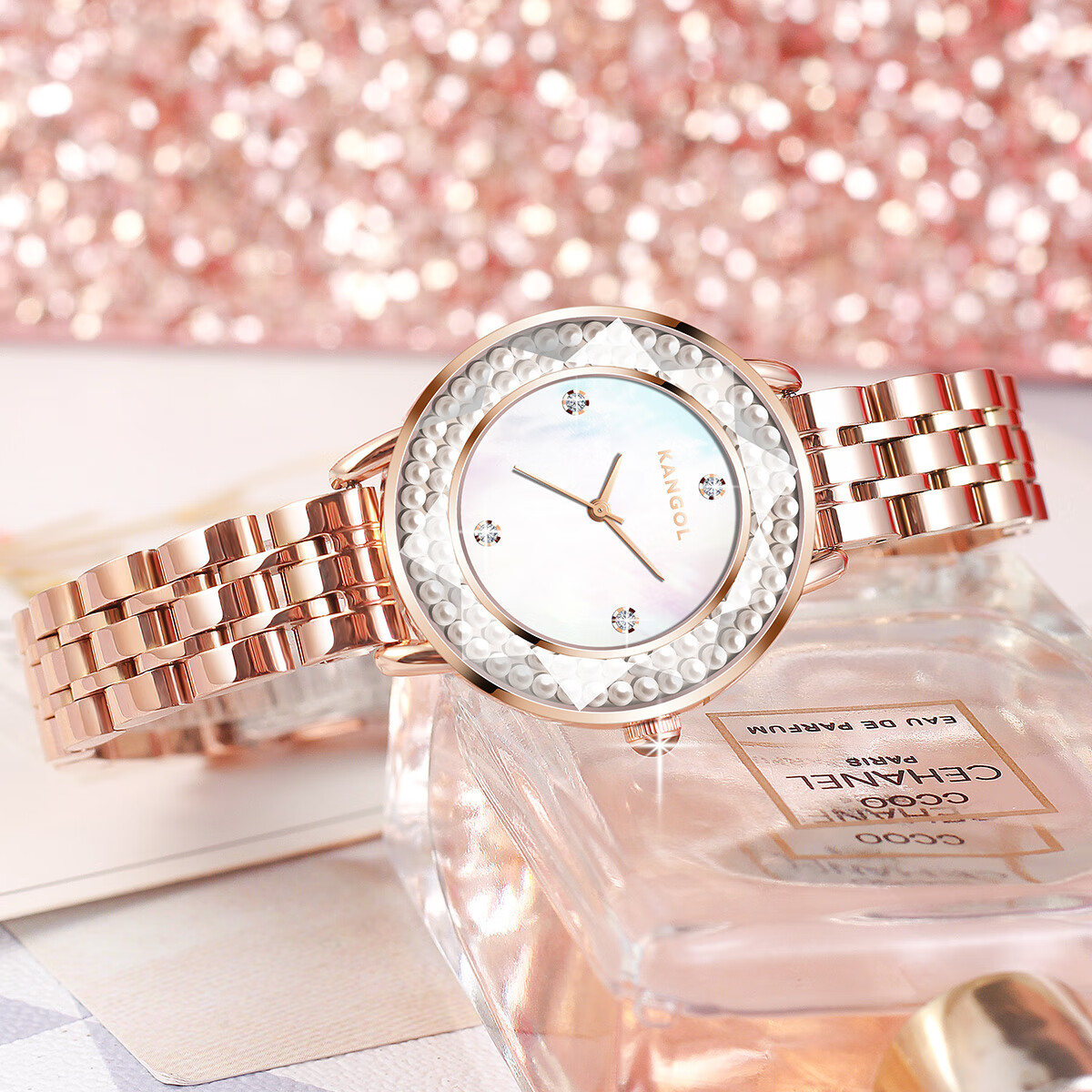 kangol【气质圆表】手表女时尚优雅气质钢带石英圆表防水女士手表女