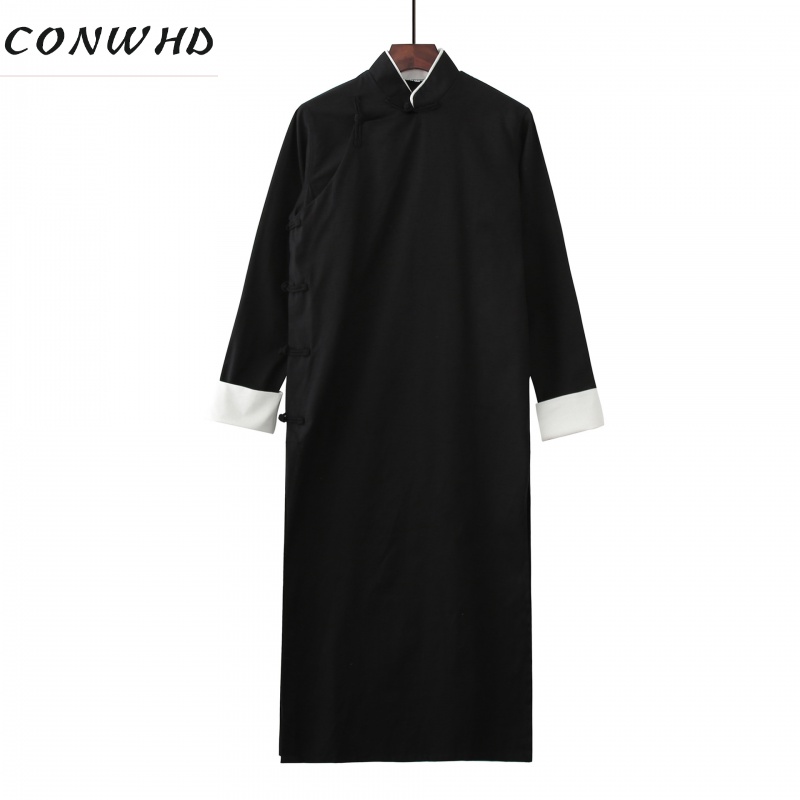 CONWHD 德云社相聲服大褂民國(guó)長(zhǎng)衫棉粗布復(fù)古中式唐裝長(zhǎng)袍伴郎服 純黑色 XXL