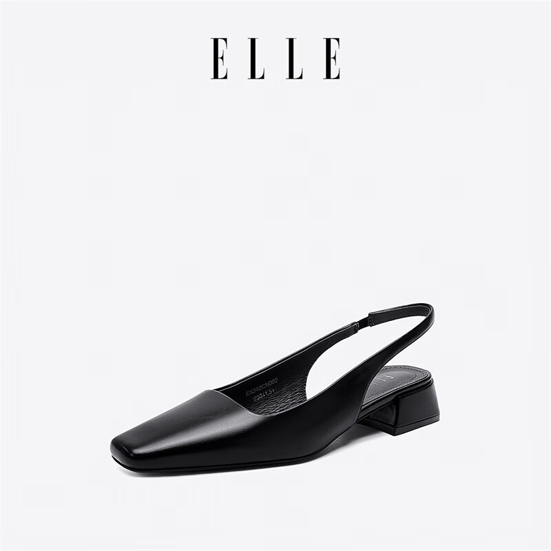 ELLE官方女鞋新款包头凉鞋女法式方头单鞋通勤低跟鞋子 黑色 3cm 38 (240mm) 标准码