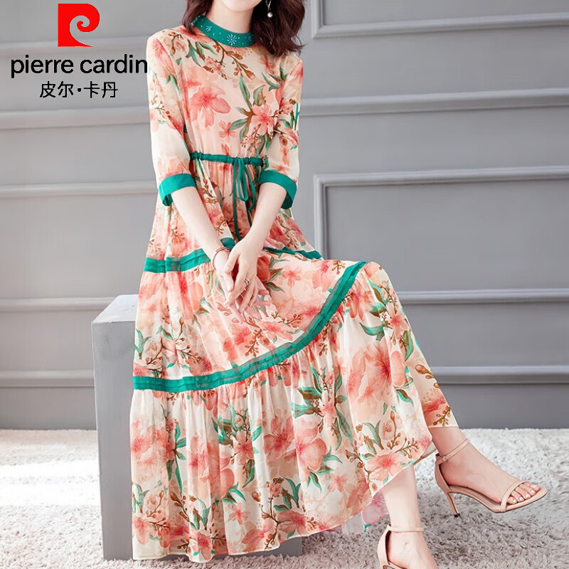 皮尔卡丹高档气质真丝连衣裙女2024年夏季新款大牌高档桑蚕丝长款裙子