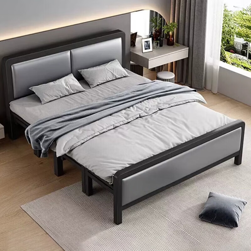 木叶间折叠床 出租房用现代简约单人铁架床家用简易铁艺双人床 雅致黑 宽1.8米 软包+加厚床头