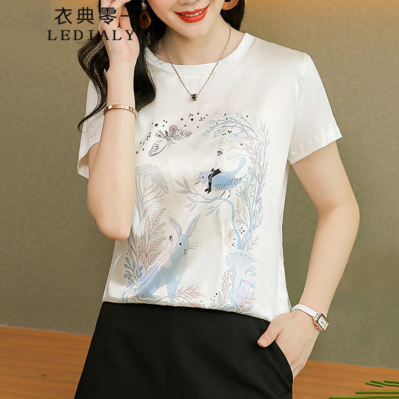 衣典零一 2021夏装新款夏季女装时尚韩版宽松女士t恤衫夏天短袖桑蚕丝