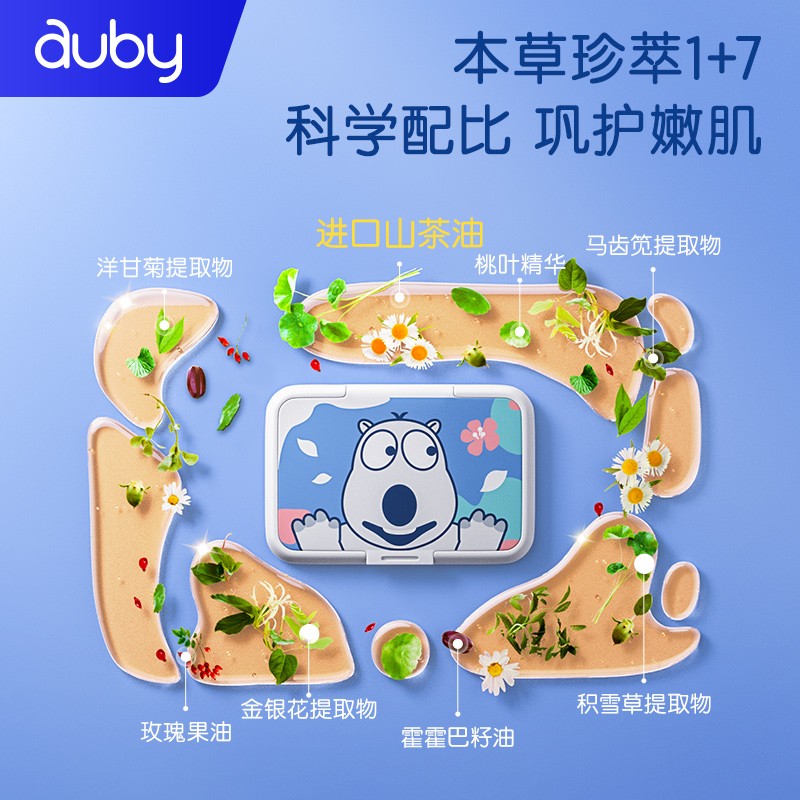 澳贝（auby）婴儿手口湿巾宝宝一次性洗脸巾新生儿护肤滋养山茶油生日礼物 【主推款】 80抽 5包