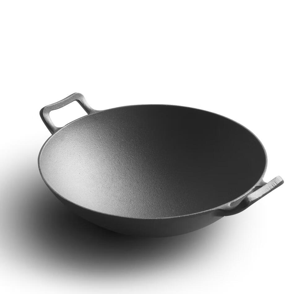 圆底铸铁锅不粘锅老式加厚深铁锅36cm家用炒菜锅 铁柄圆底炒锅木盖 36