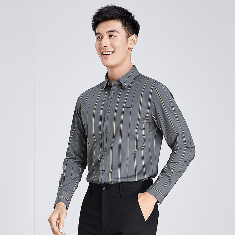 莱克斯顿【商场同款】衬衫男条纹灰色商务休闲风修身款衬衣男 灰 3XL