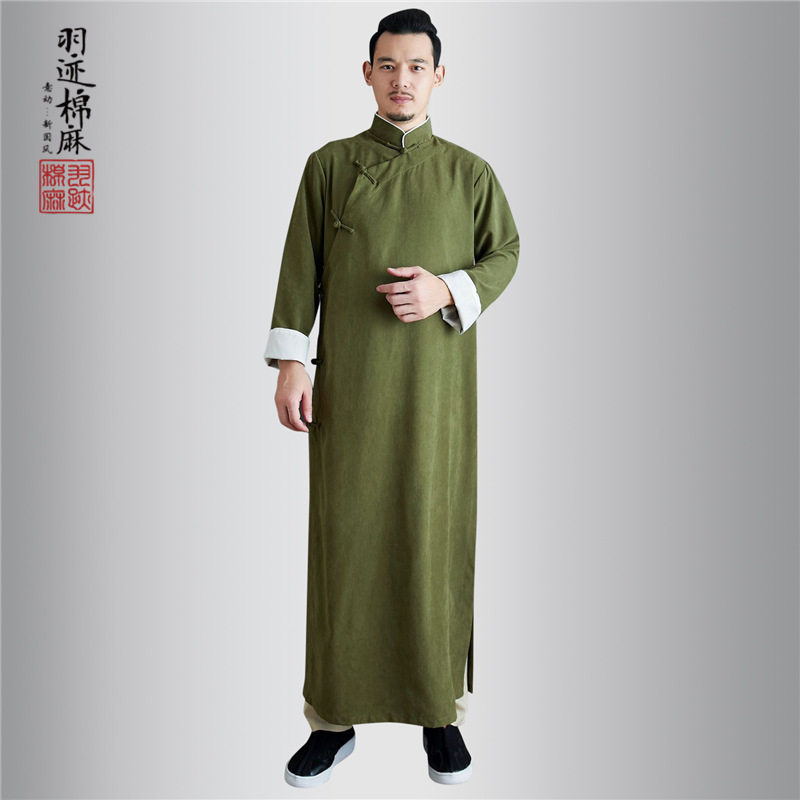 中国风男装长袍马褂男宽松盘扣相声大褂演出服中式民国长衫男 米色 m