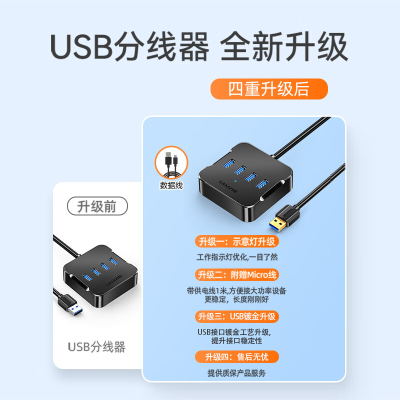 山泽USB分线器 3.0高速4口HUB扩展坞集线器 笔记本电脑一拖四转换器延长线带电源接口1.5米黑色HUB02