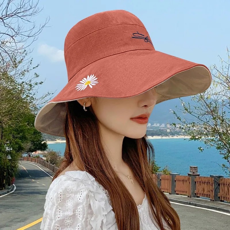双面小雏菊渔夫帽女夏天日系遮脸韩版潮百搭遮阳大沿太阳防晒帽子 大檐雏菊砖红+米 均码(56-58厘米)怎么样,好用不?
