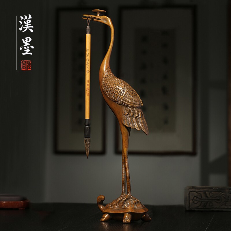 漢墨 仿古铜毛笔架 笔挂神兽灵芝鹤毛笔架子 文房四宝礼品送礼铜器