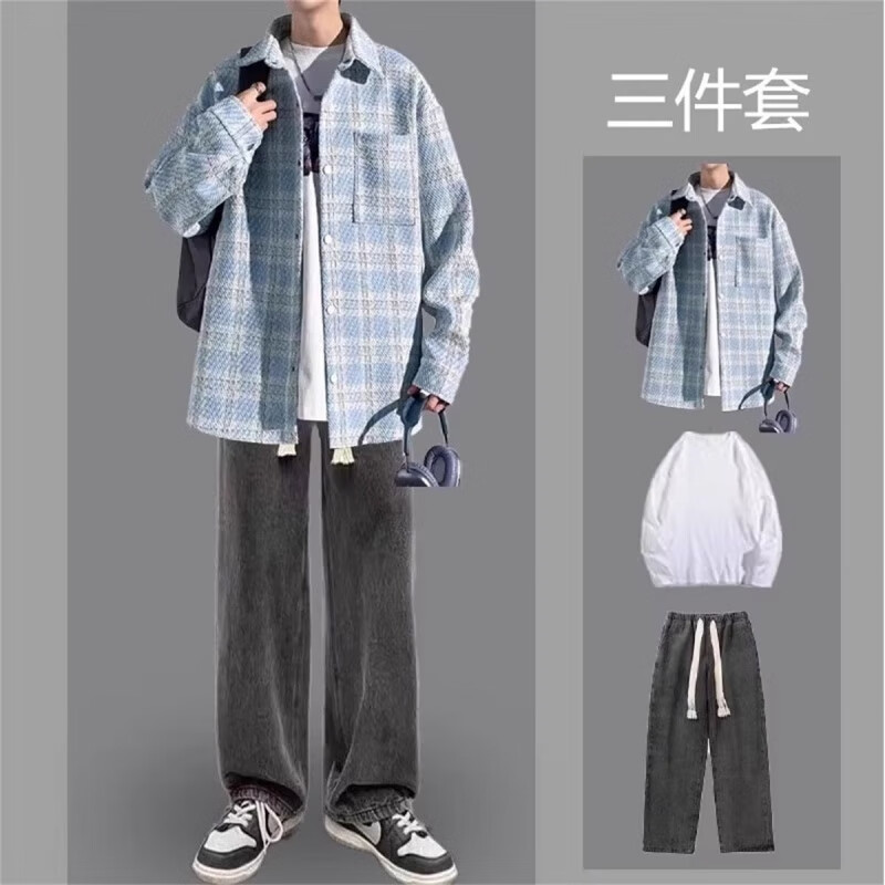 红书依店春秋款青少年精神小伙套装男港风酷帅装三件套感搭配一整套秋