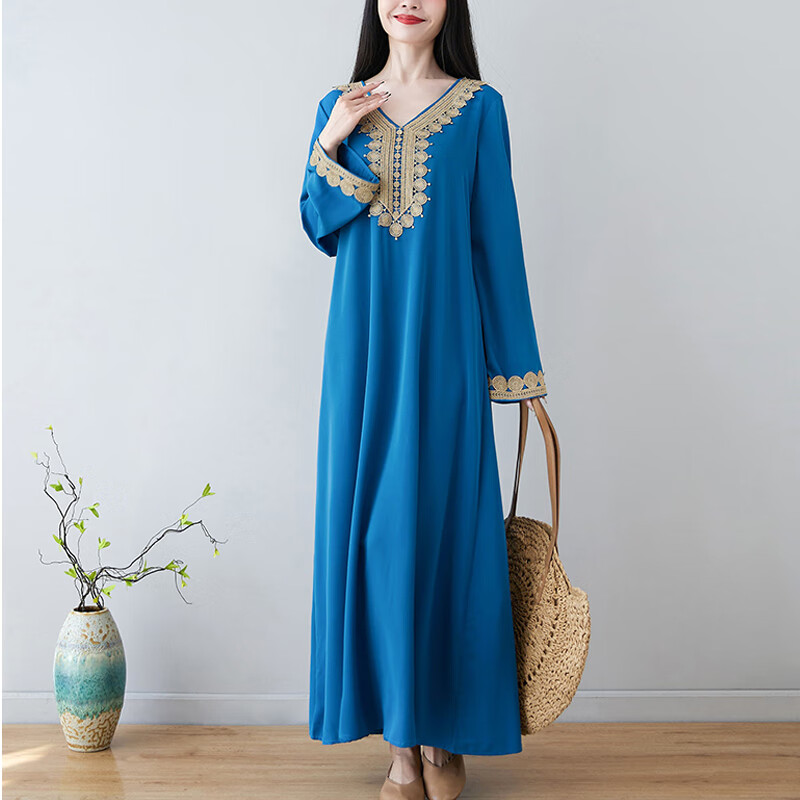 雅格罗伊阿拉伯服装女装民族风女装春季刺绣v领长袖连衣裙宽松长裙