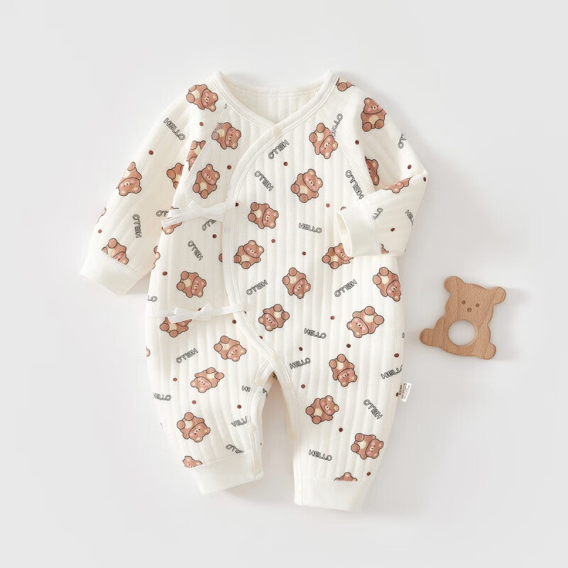 婧麒（JOYNCLEON）新生儿婴儿衣服秋冬夹棉满月纯棉初生宝宝秋装连体衣a类爬服 害羞熊 59cm