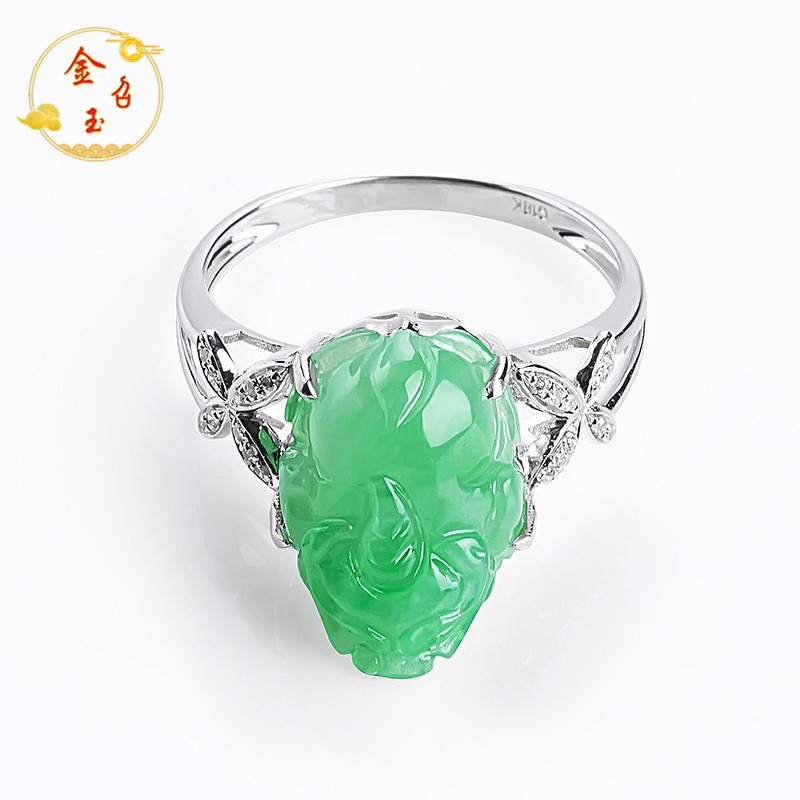 金召玉冰种翡翠貔貅戒指g18k金镶玉苹果绿扳指玉戒a货证书自戴送礼