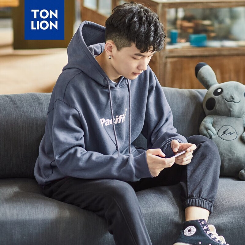 唐狮（TonLion）卫衣男士连帽宽松黑色套头帽衫外套 加绒款/复古蓝 L