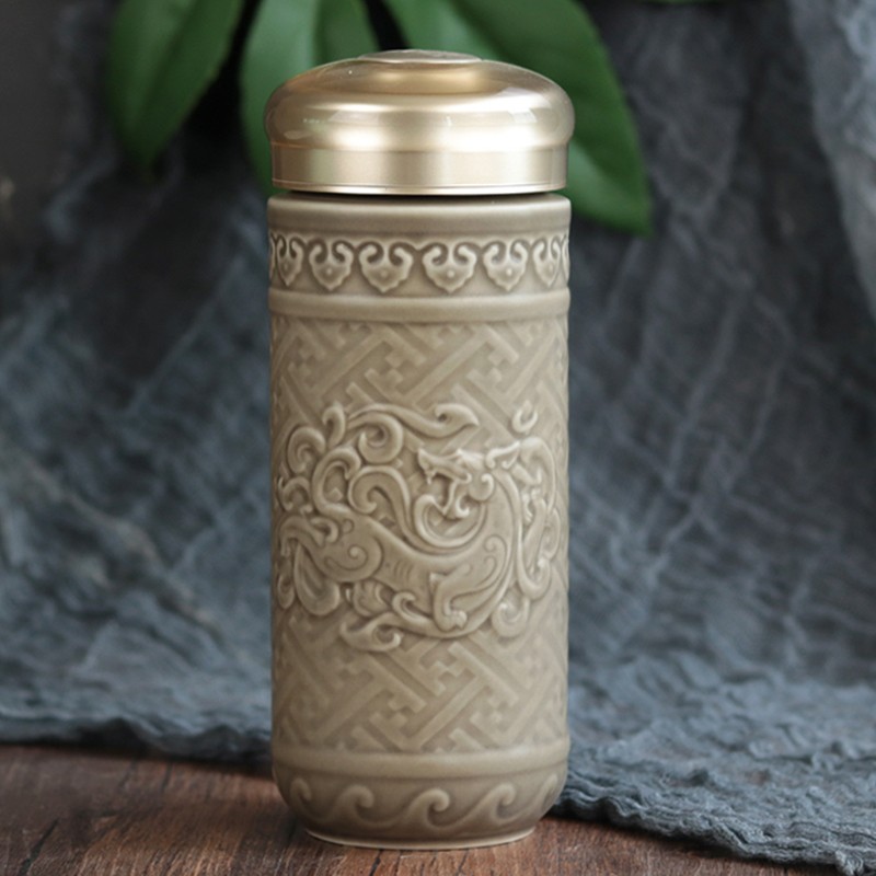 乾唐轩【官方授权】正品活瓷杯盛世祥龙随身杯双层陶瓷茶水杯送人礼品 摩卡棕（礼盒装带杯刷布杯套）