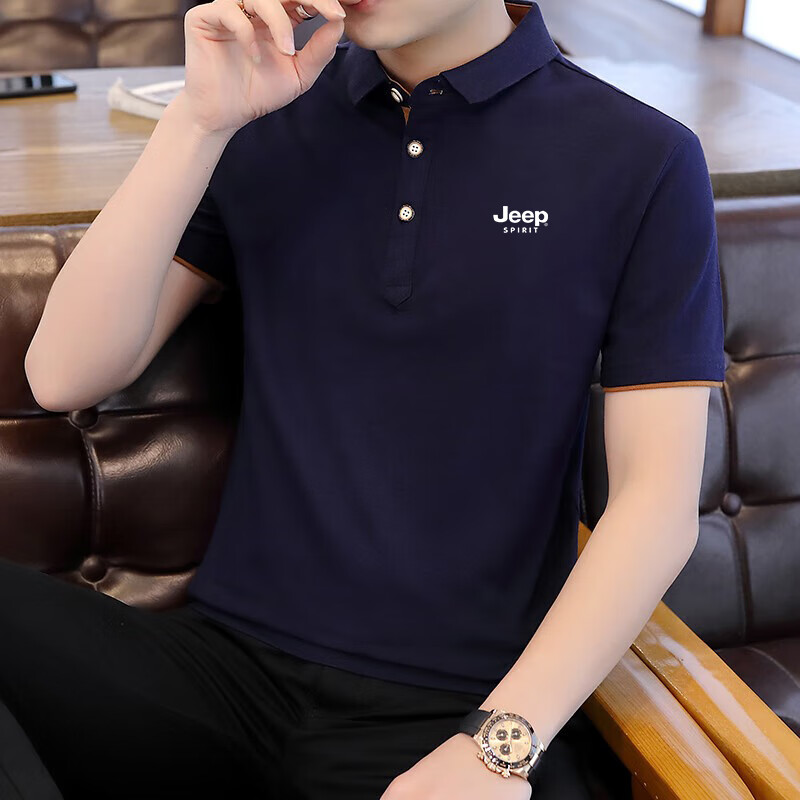 JEEP SPIRIT吉普短袖T恤男夏季POLO衫男翻领商务男修身半袖体恤 黑灰 M (100斤-110斤)