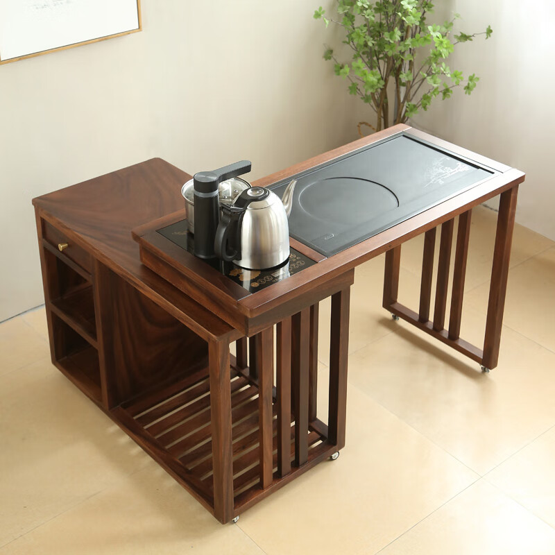 茶台茶桌小型可旋转茶车胡桃木移动小茶 胡桃木多功能茶车带电茶炉