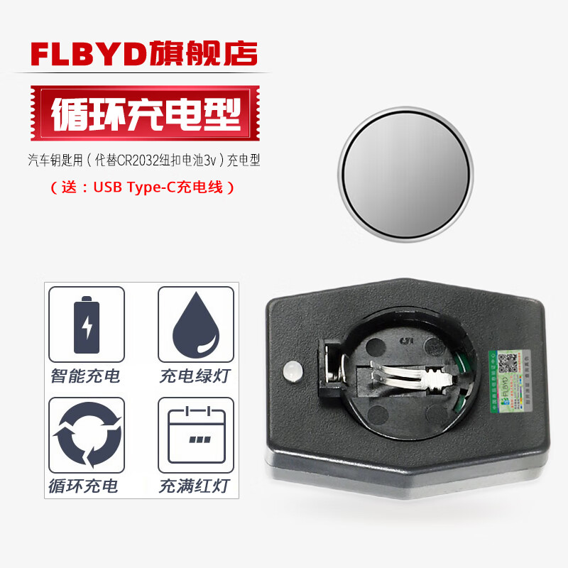 FLBYD适用大众汽车遥控器充电电池 大众CC B8帕萨特 迈腾B7L 宝来polo 朗逸 途观L领驭辉昂车钥匙锂电池 1电池+1充电器（代替CR2032纽扣电池3V）