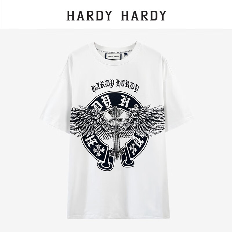 hardy hardyhardy hardy2023纯棉圆领烫钻羽毛十字架短袖t恤男女同款