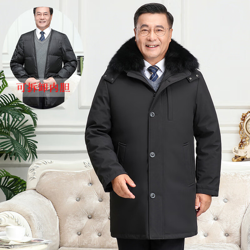 新款大码可脱卸内胆中老年羽绒服男士中长款加厚活面爸爸羽绒冬装 藏兰(无毛领) 2XL