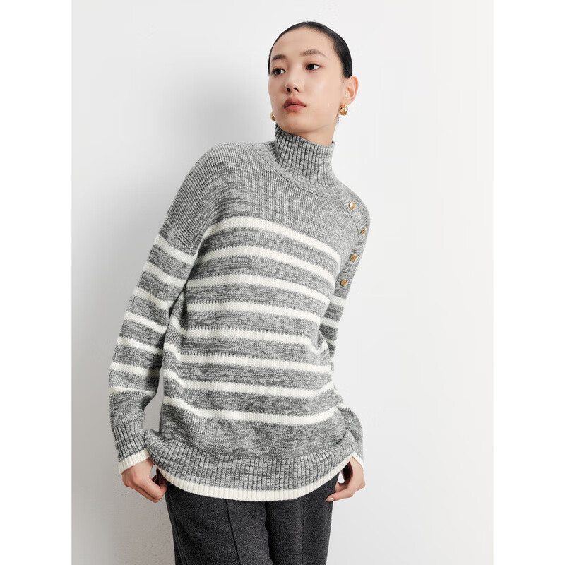 太平鸟女装无缝一体假两件拼色软糯半高领毛衣经典条纹针织衫合集 灰色条纹经典针织衫 M