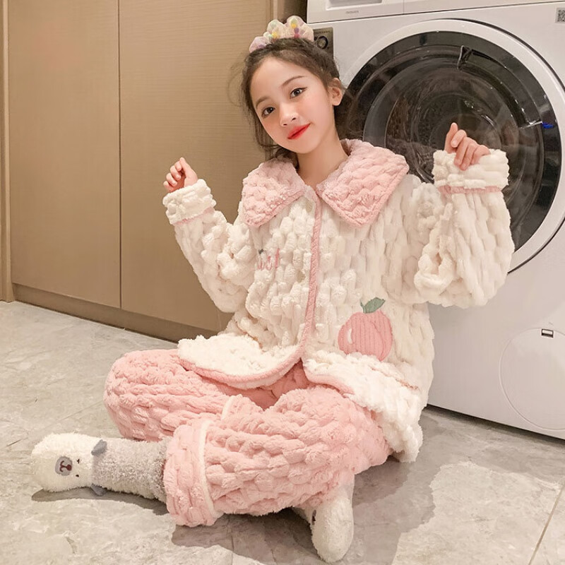 京蝌蝌女童法兰绒睡衣套装秋冬时尚潮流中大女孩子加绒加厚家居服两件